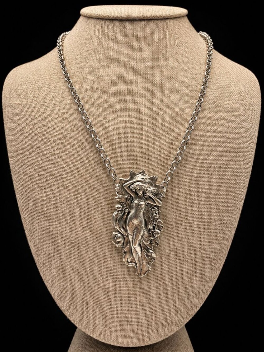 Art Nouveau Goddess Pendant Necklace Silver Tone Figural Statement Necklace 19”